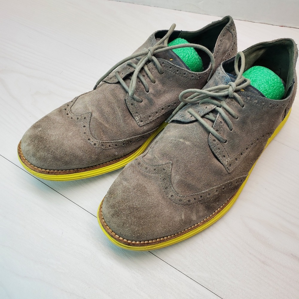 Cole Haan Wingtip Suede Oxford Shoes Men Gray Yellow Sole Lace Up Casual Size 13